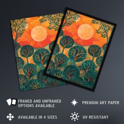 "Artery8 Warm Sunrise Over Forest Painting Nature Wall Art Print in Orange - Size: W12"" x H16""" - thumbnail 2