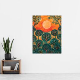 "Artery8 Warm Sunrise Over Forest Painting Nature Wall Art Print in Orange - Size: W12"" x H16""" - thumbnail 4