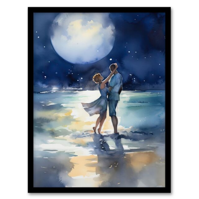Artery8 Wall Art Print Full Moon Frolics Watercolour Beach Seascape Painting Blue Orange Couple Moonlight Dance At Coastal Landscape Bedroom Art - image 1