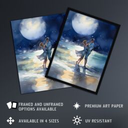 Artery8 Wall Art Print Full Moon Frolics Watercolour Beach Seascape Painting Blue Orange Couple Moonlight Dance At Coastal Landscape Bedroom Art - thumbnail 2