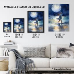 Artery8 Wall Art Print Full Moon Frolics Watercolour Beach Seascape Painting Blue Orange Couple Moonlight Dance At Coastal Landscape Bedroom Art - thumbnail 3