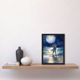Artery8 Wall Art Print Full Moon Frolics Watercolour Beach Seascape Painting Blue Orange Couple Moonlight Dance At Coastal Landscape Bedroom Art - thumbnail 4