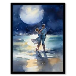 Artery8 Wall Art Print Full Moon Frolics Watercolour Beach Seascape Painting Blue Orange Couple Moonlight Dance At Coastal Landscape Bedroom Art - thumbnail 1