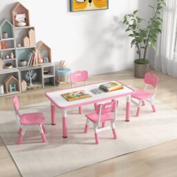 Costway Kids Table & 4 Chairs Set Children Art Study Multi-Activity Table with 4 Seats in Pink - thumbnail 4