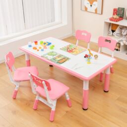 Costway Kids Table & 4 Chairs Set Children Art Study Multi-Activity Table with 4 Seats in Pink - thumbnail 1