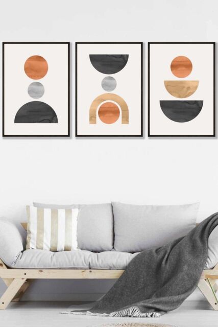 ARTZE Set of 3 Black Framed Mid Century Graphical Shapes in Black, Grey, Orange Wall Art - Size: W53 cm x H73 cm x D20mm - image 1