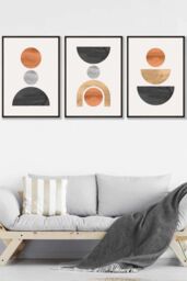 ARTZE Set of 3 Black Framed Mid Century Graphical Shapes in Black, Grey, Orange Wall Art - Size: W53 cm x H73 cm x D20mm - thumbnail 1