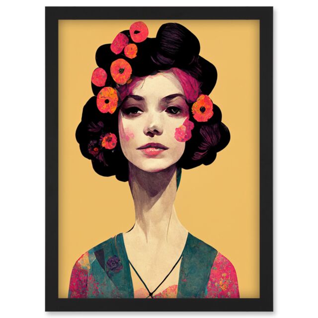 Artery8 Elegant Vintage Boho Portrait Floral Hair Woman Artwork Framed Wall Art Print A4 in Black - image 1