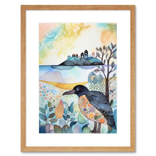 "Artery8 Wall Art Print Coastal Island Wildlife Folk Art Watercolour Painting Artwork Framed 9X7 Inch in Beige - Size: W7"" x H9""" - image 1