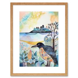 "Artery8 Wall Art Print Coastal Island Wildlife Folk Art Watercolour Painting Artwork Framed 9X7 Inch in Beige - Size: W7"" x H9""" - thumbnail 1