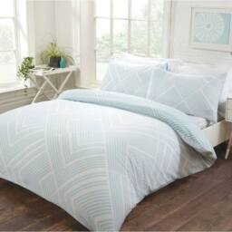 Smart Living Luxury Striped Geometric Reversible Duvet Cover With Pillowcases in Duck Egg Blue - Size: Double - thumbnail 1