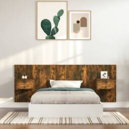 Berkfield Home Bed Headboard with Cabinets Smoked Oak Engineered Wood in Brown - thumbnail 2