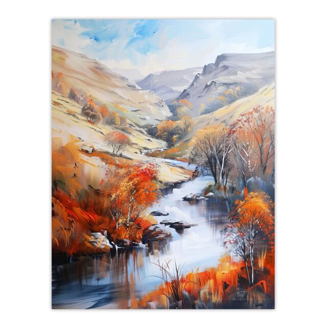 "Artery8 Dovedale River Dove Autumn Landscape Oil Painting Wall Art Print in Orange - Size: W18"" x H24""" - image 1