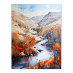 "Artery8 Dovedale River Dove Autumn Landscape Oil Painting Wall Art Print in Orange - Size: W18"" x H24""" - thumbnail 1