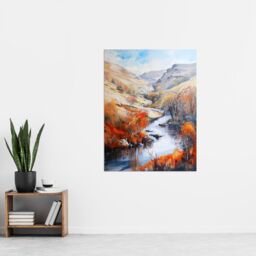 "Artery8 Dovedale River Dove Autumn Landscape Oil Painting Wall Art Print in Orange - Size: W18"" x H24""" - thumbnail 4
