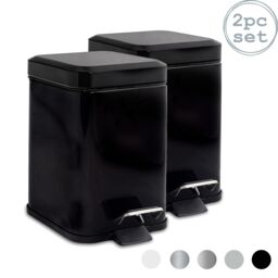 Harbour Housewares 2x Square Bathroom Pedal Bins 3L Stainless Steel Slim Rubbish Dustbin in Black - thumbnail 1