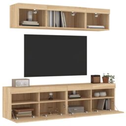 Berkfield Home 5 Piece TV Wall Units with LED Sonoma Oak Engineered Wood in Brown - thumbnail 4