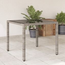 Berkfield Home Garden Table with Glass Top Grey 90x90x75 cm Poly Rattan - Size: 90 x 90 x 75 cm - thumbnail 1