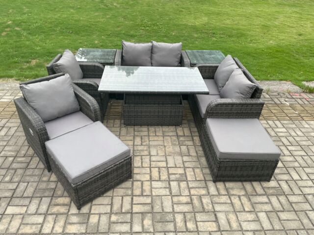 Fimous Rattan Furniture Garden Dining Sets Outdoor Height Adjustable Rising lifting Table Love Sofa Chair in Dark Grey - image 1