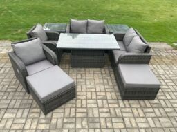 Fimous Rattan Furniture Garden Dining Sets Outdoor Height Adjustable Rising lifting Table Love Sofa Chair in Dark Grey - thumbnail 2