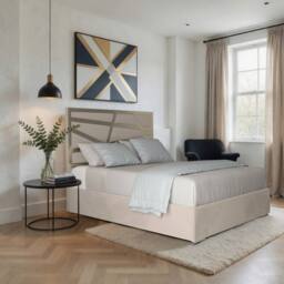 Casani Enborne Upholstered Soft Velvet Beige Metal Designer Bed Frame in Cream - Size: Single - thumbnail 1