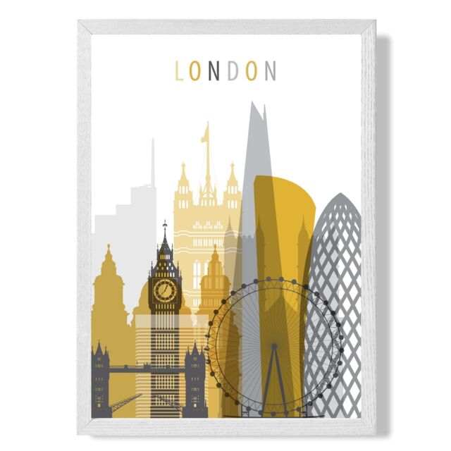 ARTZE London Yellow & Grey City Skyline Framed Print SIZE: A4 with White Frame - Size: A2 - image 1