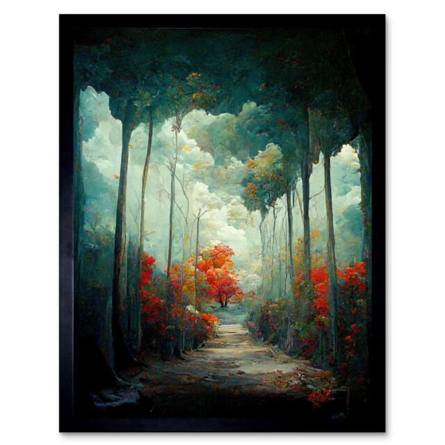"Artery8 Wall Art Print Autumn Forest Path Landscape Scene Painting Art Framed in Black - Size: W12"" x H16""" - image 1