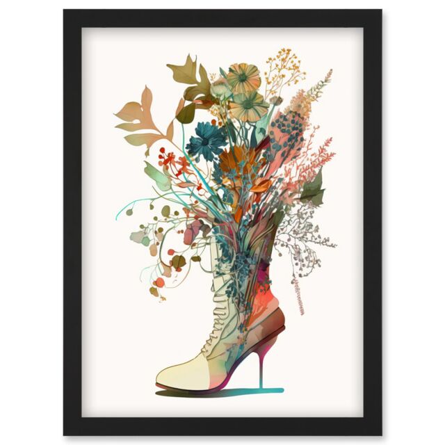 Artery8 Wildflower Bouquet in a Stiletto Heel Combat Boot Artwork Framed Wall Art Print A4 in Black - image 1