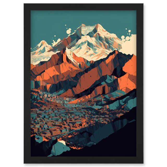 Artery8 Modern City Surrounded by Tall Mountains Landscape Artwork Framed Wall Art Print A4 in Black - image 1