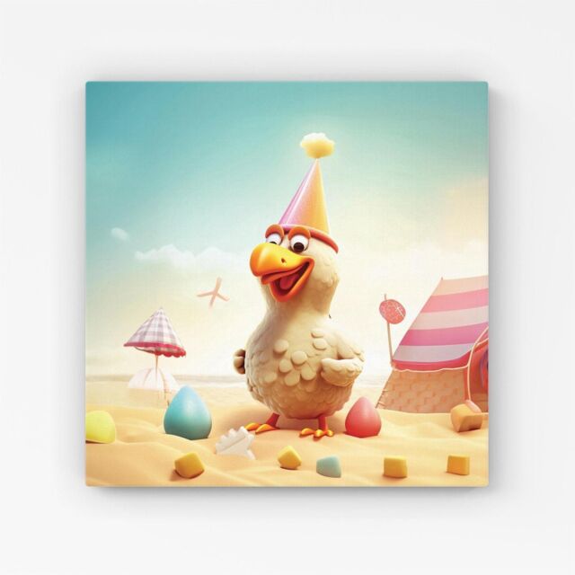"Warren Reed - Designer Funky Chicken On A Beach Holiday Canvas in Yellow - Size: W16"" x H16""" - image 1