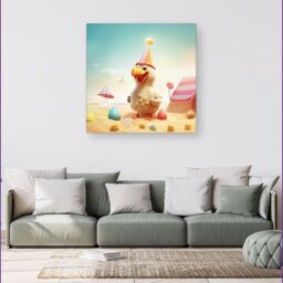 "Warren Reed - Designer Funky Chicken On A Beach Holiday Canvas in Yellow - Size: W16"" x H16""" - thumbnail 4