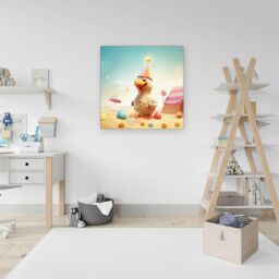 "Warren Reed - Designer Funky Chicken On A Beach Holiday Canvas in Yellow - Size: W16"" x H16""" - thumbnail 3