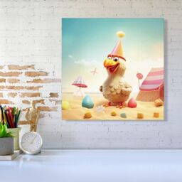 "Warren Reed - Designer Funky Chicken On A Beach Holiday Canvas in Yellow - Size: W16"" x H16""" - thumbnail 2