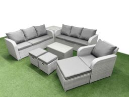 Fimous 10 Seater Poly Rattan Outdoor Garden Furniture Sofa Set Patio 3 Seater Sofa Reclining Chair 3 Seater Sofa 3 Stools Side Table Light Grey - thumbnail 2