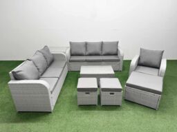 Fimous 10 Seater Poly Rattan Outdoor Garden Furniture Sofa Set Patio 3 Seater Sofa Reclining Chair 3 Seater Sofa 3 Stools Side Table Light Grey - thumbnail 1