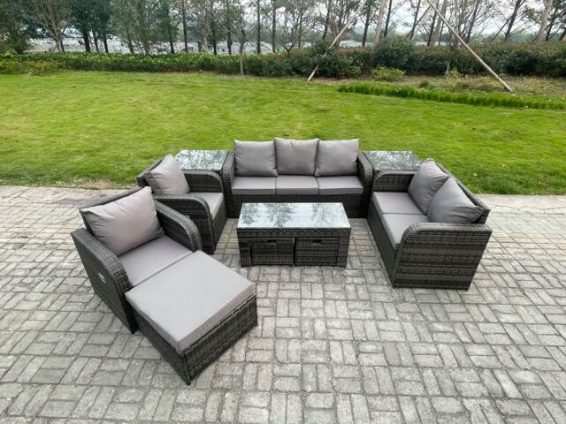Fimous 10 Seater Outdoor Rattan Garden Furniture Set Rattan Lounge Sofa Set with Rectangular Coffee Table 2 Side Tables 3 Footstools Dark Grey Mixed - image 1