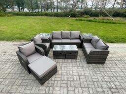 Fimous 10 Seater Outdoor Rattan Garden Furniture Set Rattan Lounge Sofa Set with Rectangular Coffee Table 2 Side Tables 3 Footstools Dark Grey Mixed - thumbnail 1