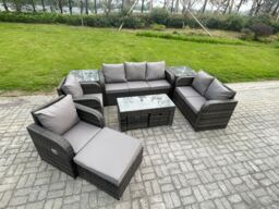 Fimous 10 Seater Outdoor Rattan Garden Furniture Set Rattan Lounge Sofa Set with Rectangular Coffee Table 2 Side Tables 3 Footstools Dark Grey Mixed - thumbnail 2