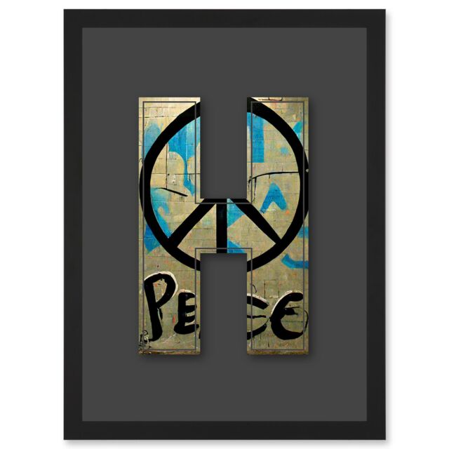 Artery8 Letter H Peace Sign Beige Black Decorative Graffiti Mural Alphabet Initial Stencil Artwork Framed Wall Art Print A4 - image 1