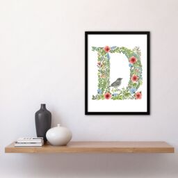 Artery8 Women's Wall Art Print Letter D in Flowers with Bird Garden Watercolour Floral Word Art Framed - Size: A4 - thumbnail 4