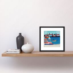 Artery8 Modern Abstract Fishing Village Summer Harbour Seascape Folk Art Painting Square Wooden Framed Wall Art Print Picture 8X8 Inch in Black - thumbnail 2