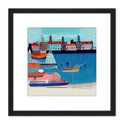 Artery8 Modern Abstract Fishing Village Summer Harbour Seascape Folk Art Painting Square Wooden Framed Wall Art Print Picture 8X8 Inch in Black - thumbnail 1