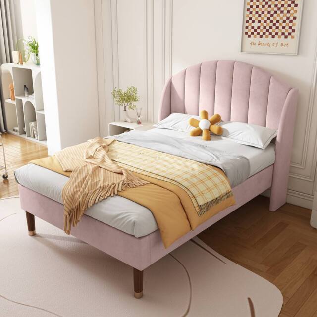 BTM Pink Velvet 3ft Single Upholstered Bed with Headboard - image 1