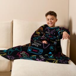 OHS Fleece Blanket with Sleeves Gaming Supersoft Warm Plush Wearable Warm Throw in Black - thumbnail 1