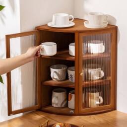 KORVIXA Acrylic Door Bamboo Corner Cabinet Kitchen in Brown - thumbnail 3