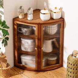 KORVIXA Acrylic Door Bamboo Corner Cabinet Kitchen in Brown - thumbnail 1