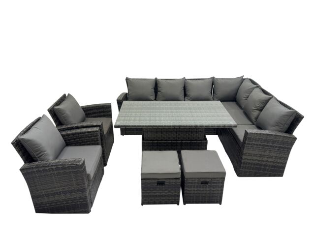 Fimous 10 Seat Rattan Garden Furniture Corner Sofa Set with 2 Small Footstool in Dark Grey - image 1
