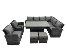 Fimous 10 Seat Rattan Garden Furniture Corner Sofa Set with 2 Small Footstool in Dark Grey - thumbnail 1