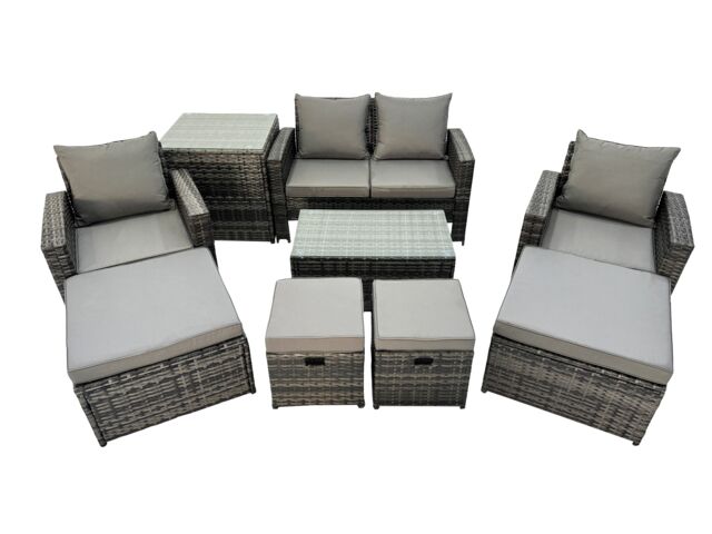 Fimous 8 Seater Wicker PE Rattan Furniture Outdoor 4 Stools Side Table Set in Dark Grey