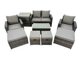 Fimous 8 Seater Wicker PE Rattan Furniture Outdoor 4 Stools Side Table Set in Dark Grey - thumbnail 1